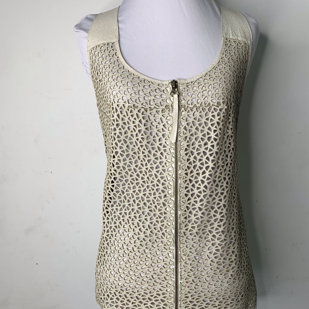 Illia Women's Cream Beige 100% Leather Perforated Racer Back Front Zip Tank Top